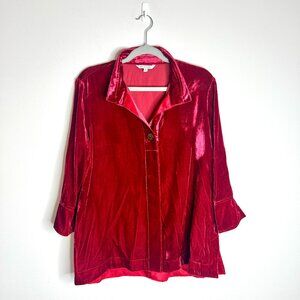 John Mark Bright Red Collared Velvet 3/4 Sleeve Flowy Boho Top Holiday Festive M